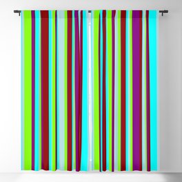 [ Thumbnail: Cyan, Powder Blue, Chartreuse, Purple & Dark Red Colored Lines/Stripes Pattern Blackout Curtain ]