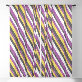 [ Thumbnail: White, Purple, Yellow, and Black Colored Striped Pattern Sheer Curtain ]