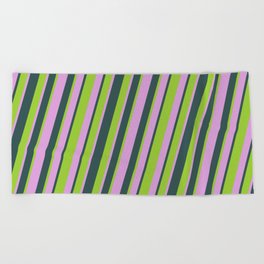 [ Thumbnail: Plum, Dark Slate Gray, and Green Colored Lines Pattern Beach Towel ]