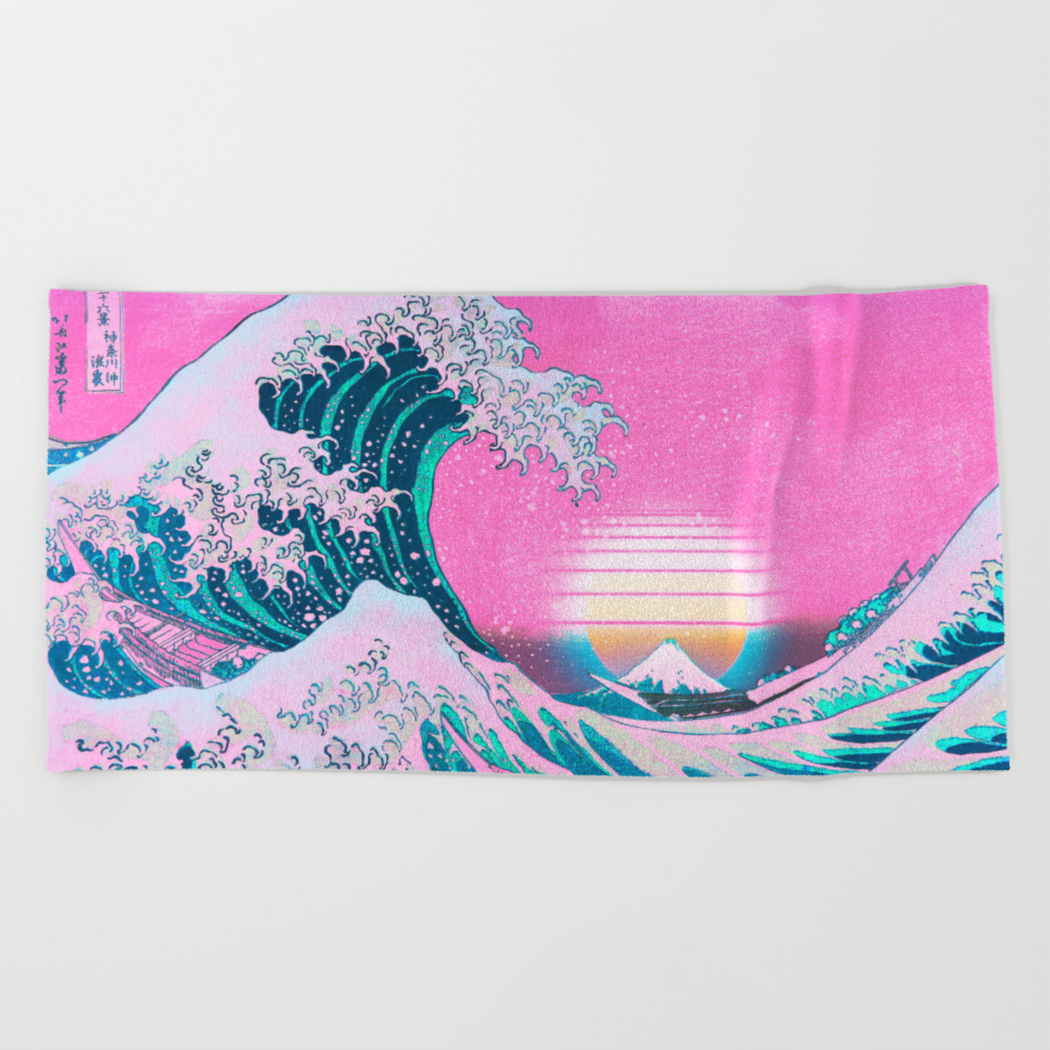 Vaporwave Aesthetic Great Wave Off Kanagawa Sunset Beach Towel By
