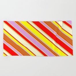[ Thumbnail: Eyecatching Red, Yellow, Plum, Light Yellow & Chocolate Colored Stripes Pattern Beach Towel ]