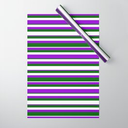 [ Thumbnail: Dark Green, White & Dark Violet Colored Lined Pattern Wrapping Paper ]
