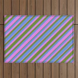 [ Thumbnail: Green, Cornflower Blue & Violet Colored Striped Pattern Outdoor Rug ]