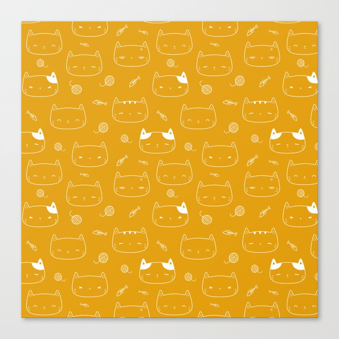 Mustard and White Doodle Kitten Faces Pattern Canvas Print
