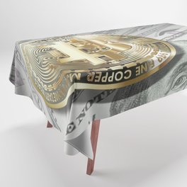 Bitcoin with dollar bills, cryptocurrency concept Tablecloth