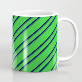 [ Thumbnail: Lime Green, Blue, and Forest Green Colored Lined Pattern Coffee Mug ]