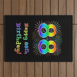 [ Thumbnail: 88th Birthday - Fun Rainbow Spectrum Gradient Pattern Text, Bursting Fireworks Inspired Background Outdoor Rug ]