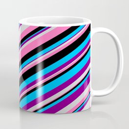 [ Thumbnail: Eyecatching Deep Sky Blue, Purple, Light Grey, Hot Pink, and Black Colored Lined Pattern Coffee Mug ]