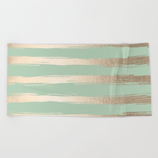 Simply Brushed Stripes White Gold Sands on Pastel Cactus Green Beach Towel
