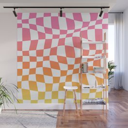 Sunset Warped Checkered Ombre Pattern (pink/orange/yellow) Wall Mural