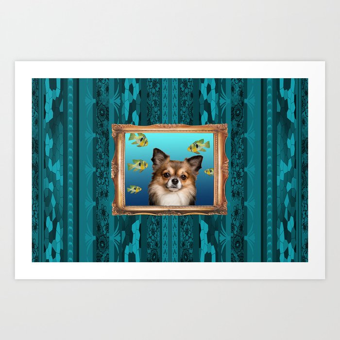 chihuahua in frame with tropical fishes #chihuahua Art Print
