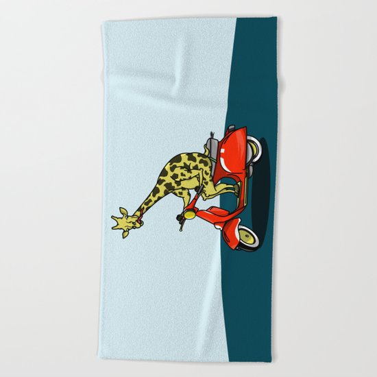 Giraffe riding a moped Beach Towel
