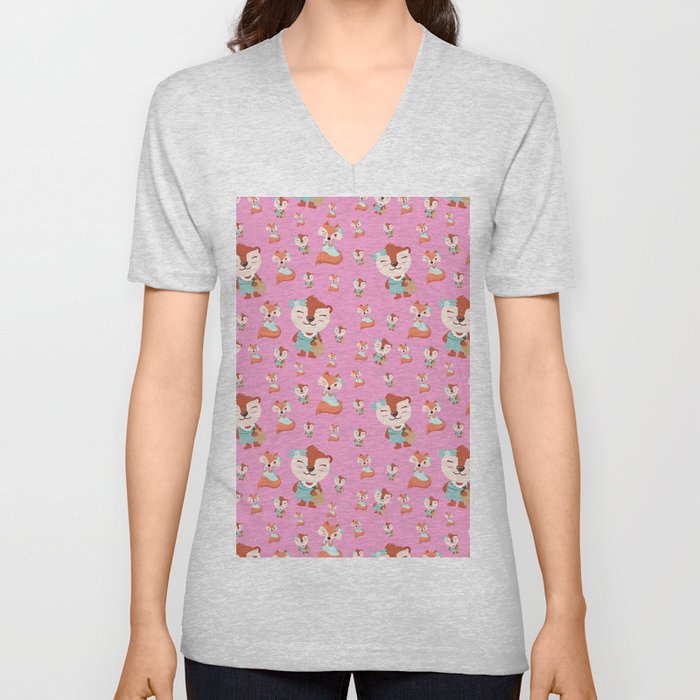 Neon pink teal brown cute forest funny animal pattern V Neck T Shirt