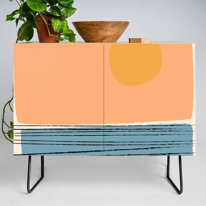 Shore - Blue and Orange Minimalistic Colorful Sunset Art Design Pattern  Credenza