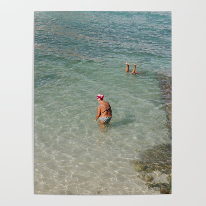 Summer is here. Old woman in the ocean | Puglia coast travel photography print | Italy Art Print Poster