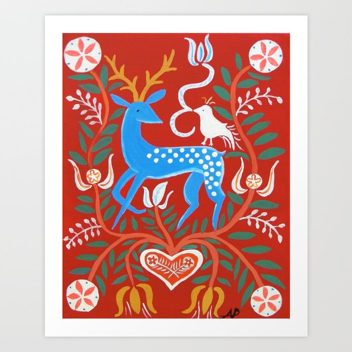 Folk Deer Painting Art Print