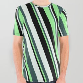 [ Thumbnail: Dark Slate Gray, Green, Black & Mint Cream Colored Stripes/Lines Pattern All Over Graphic Tee ]