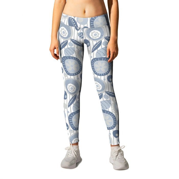 Modern Abstract Flowers in Farmhouse Denim Blue and Gray Leggings