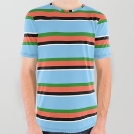 [ Thumbnail: Light Sky Blue, Forest Green, Red, Black, and White Colored Striped/Lined Pattern All Over Graphic Tee ]