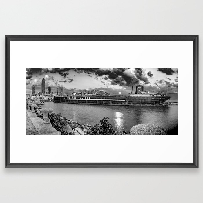 Cleveland Ohio Skyline and William G. Mather Steamship Panorama - Black and White Framed Art Print