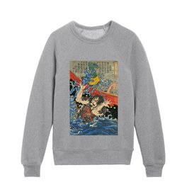 Samurai With Tattoos Drowning Enemies - Antique Japanese Ukiyo-e Woodblock Print Art From The Early 1800's. Kids Crewneck