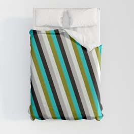 [ Thumbnail: Eye-catching Dark Turquoise, Green, Mint Cream, Grey, and Black Colored Stripes/Lines Pattern Duvet Cover ]