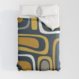 Palm Springs Mid-Century Modern Abstract Pattern in Light and Dark Mustard, Gray, and White on Navy Blue Comforter