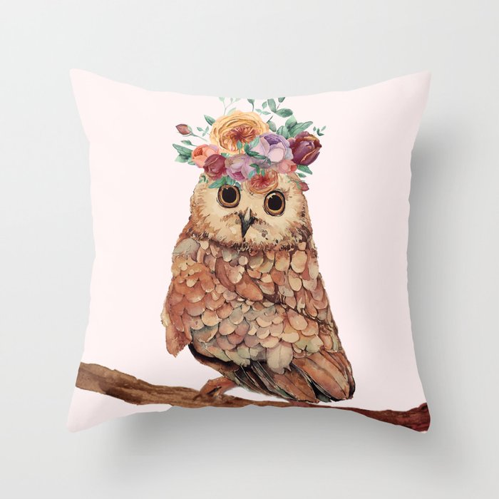 Owl with Flowers Throw Pillow