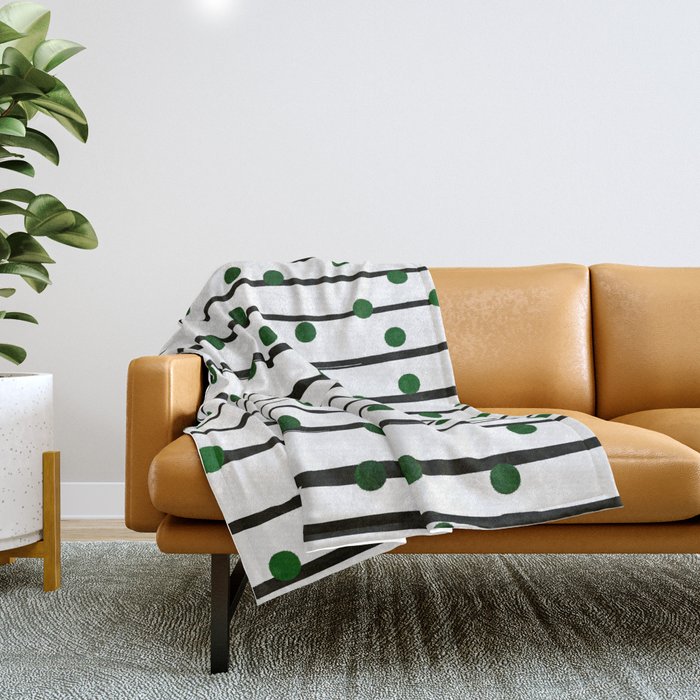 Modern black forest green polka dots stripes Throw Blanket by Pink