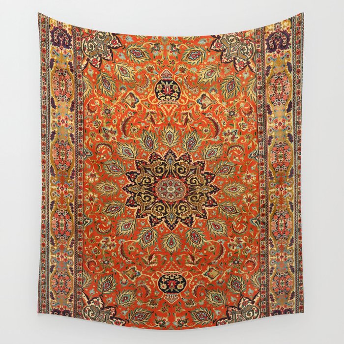 Central Persia Qum Old Century Authentic Colorful Orange Yellow Green Vintage Patterns Wall Tapestry