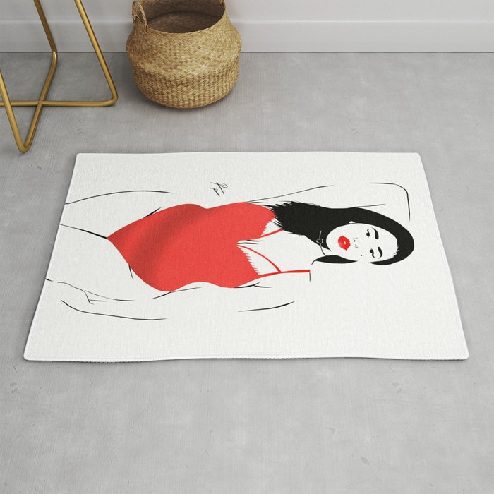Beautiful woman posing in red swimsuit and lipstick Rug