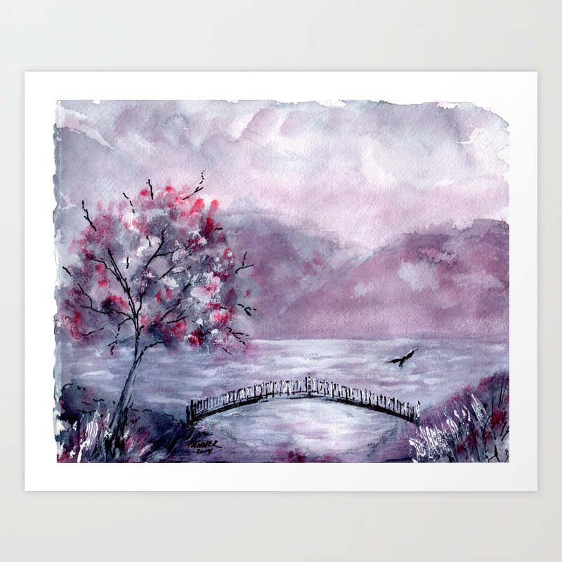 Pink And Black Japanese Style Watercolor Landscape Art Print By Windingroadgalley Society6