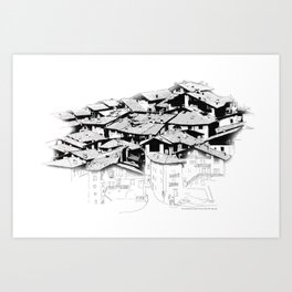 Medievale di Canale di Tenno (Black & White) Art Print | Black and White, Medieval, Italy, Digital, Canaleditenno, Drawing, Rooftops, B W, Medievalvillage, Trentino Altoadige 
