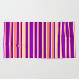 [ Thumbnail: Tan, Dark Violet, Purple, and Salmon Colored Striped Pattern Beach Towel ]