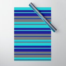 [ Thumbnail: Dark Turquoise, Dark Blue & Dim Grey Colored Lines/Stripes Pattern Wrapping Paper ]