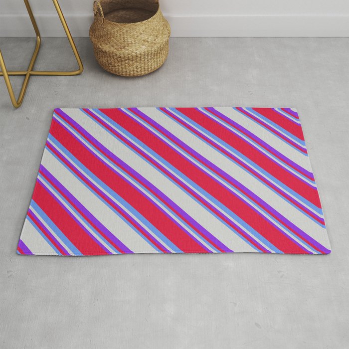 Purple, Crimson, Cornflower Blue, and Light Grey Colored Lined/Striped Pattern Rug