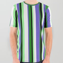 [ Thumbnail: Colorful Forest Green, Slate Blue, White, Green, and Black Colored Stripes Pattern All Over Graphic Tee ]