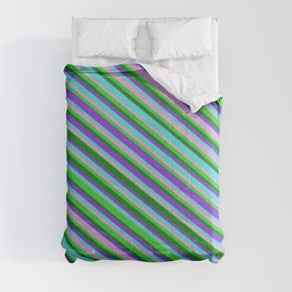 [ Thumbnail: Turquoise, Plum, Lime Green, Green & Purple Colored Lined Pattern Comforter ]