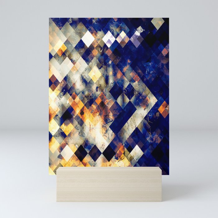 geometric pixel square pattern abstract background in blue brown orange Mini Art Print