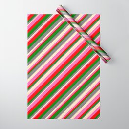 [ Thumbnail: Eye-catching Gray, Bisque, Hot Pink, Red & Green Colored Lines/Stripes Pattern Wrapping Paper ]