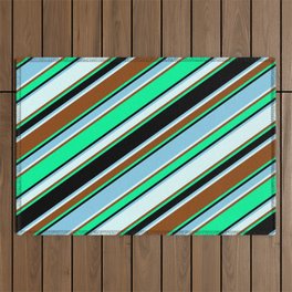 [ Thumbnail: Vibrant Green, Black, Sky Blue, Light Cyan & Brown Colored Lined/Striped Pattern Outdoor Rug ]