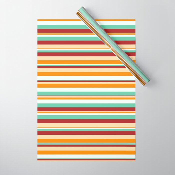 Eye-catching Mint Cream, Aquamarine, Red, Tan & Dark Orange Colored Striped Pattern Wrapping Paper