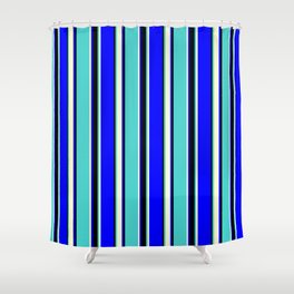 [ Thumbnail: Blue, Light Yellow, Turquoise, and Black Colored Striped/Lined Pattern Shower Curtain ]
