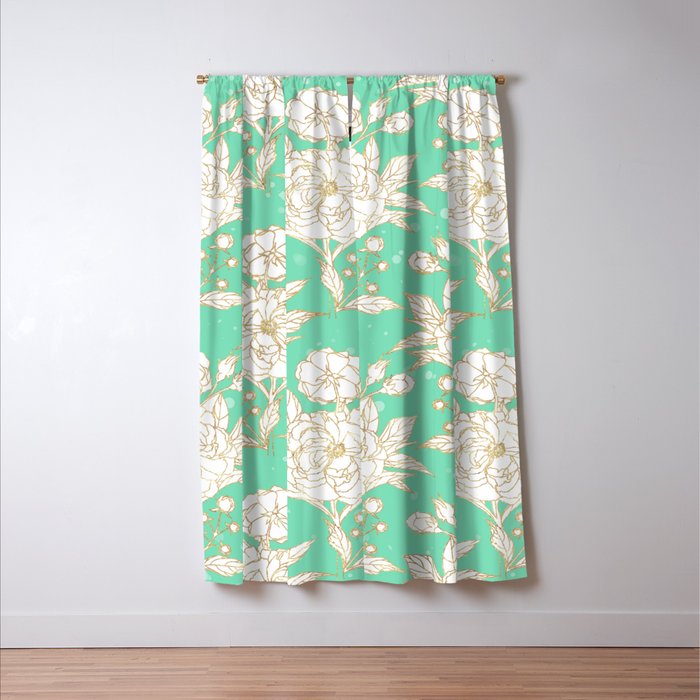 Stylish Golden And Mint Floral Strokes Design Blackout Curtain By
