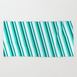 [ Thumbnail: Teal, Turquoise, and Light Cyan Colored Stripes Pattern Beach Towel ]