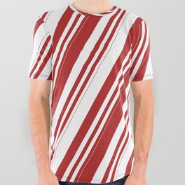 [ Thumbnail: Red and White Colored Lines/Stripes Pattern All Over Graphic Tee ]