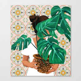 Monstera Plant Lady | Modern Bohemian Morocco Decor | Tropical Botanical Tiles Canvas Print