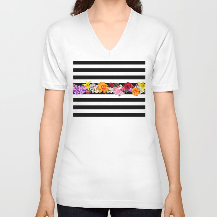 flowers on black and white stripes V Neck T Shirt