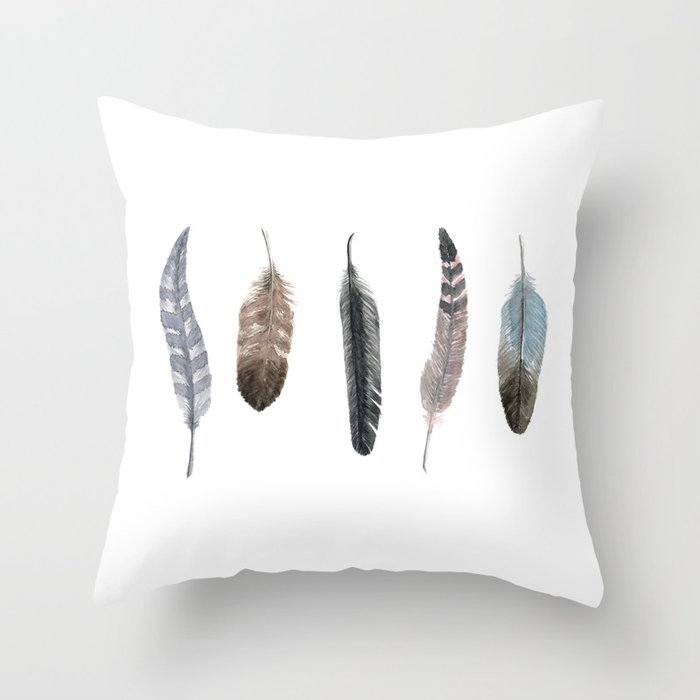 Watercolour Boho Feathers Throw Pillow
