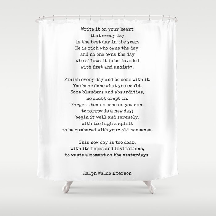 Ralph Waldo Emerson Quote - He is rich who owns the day - Minimal, Black and White, Typewriter Print Shower Curtain